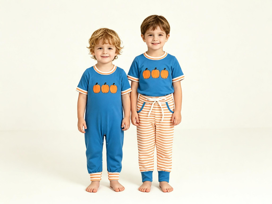Sibling Baby Boys Kids Embroidery Pumpkins Romper Thanksgiving Set Blue Clothes