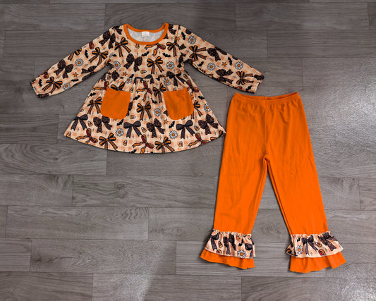 No moq Preorder Baby Girls Kids Bows Flower Candy Pockets Tunic Ruffle Pants Halloween Set Clothes