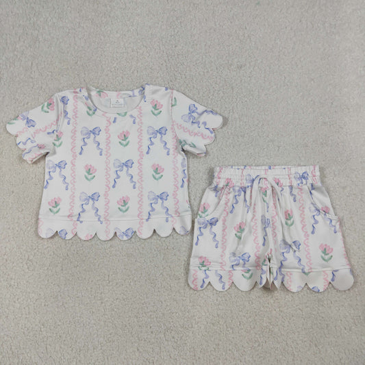 RTS Baby Girls Kids Short Sleeves Flower Bows Shirt Shorts Summer Set
