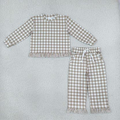 Sibling Baby Girls Kids Long Sleeves Plaid Shirts Pockets Pants Sets Clothes