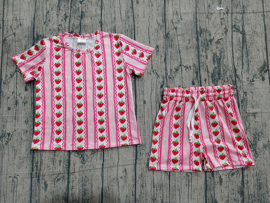 Preorder Baby Girl Kids Short Sleeves Strawberry Bows Shirt Shorts Set Summer Clothes