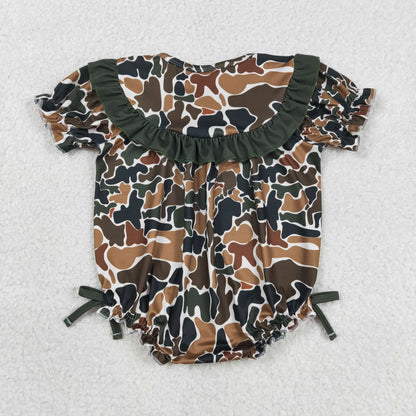 Baby Girls Short Sleeves Embroidery Daddy's Girl Brown Green Camo Bows Bubble Romper RTS