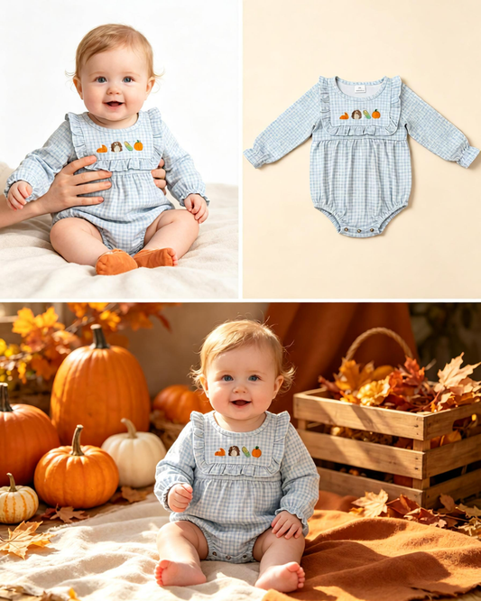 Baby Girls Infant Embroidery turkey Pumpkin Plaid Bubble Romper Fall Clothes