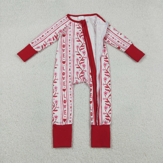 Baby Girls Long Sleeves Flower Hearts Valentine Red Zipper Sleeper Romper