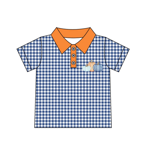 Moq 5 Preorder Baby Boys Kids Pumpkins Buttons Blue Plaid Shirt Kids Thanksgiving Clothes