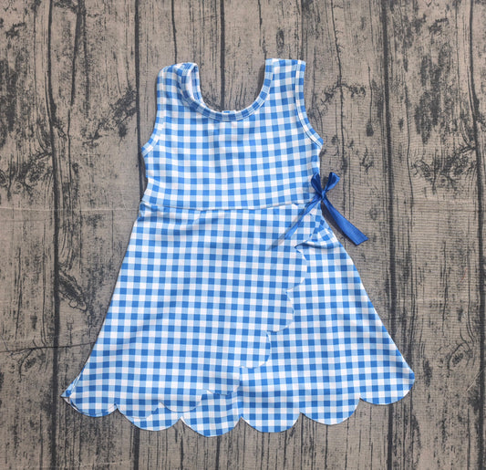 Preorder Baby Girls Kids Sleeveless Blue Plaid Scallop Yoga Knee Length Dress
