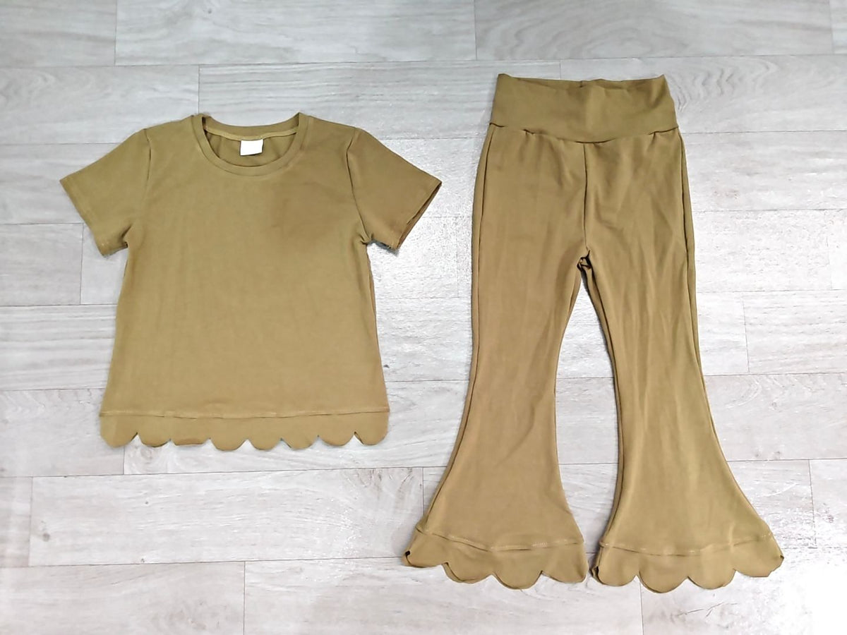 No moq Preorder Baby Girls Kids Short Sleeves Olive Shirt Pants Scallop Set Clothes