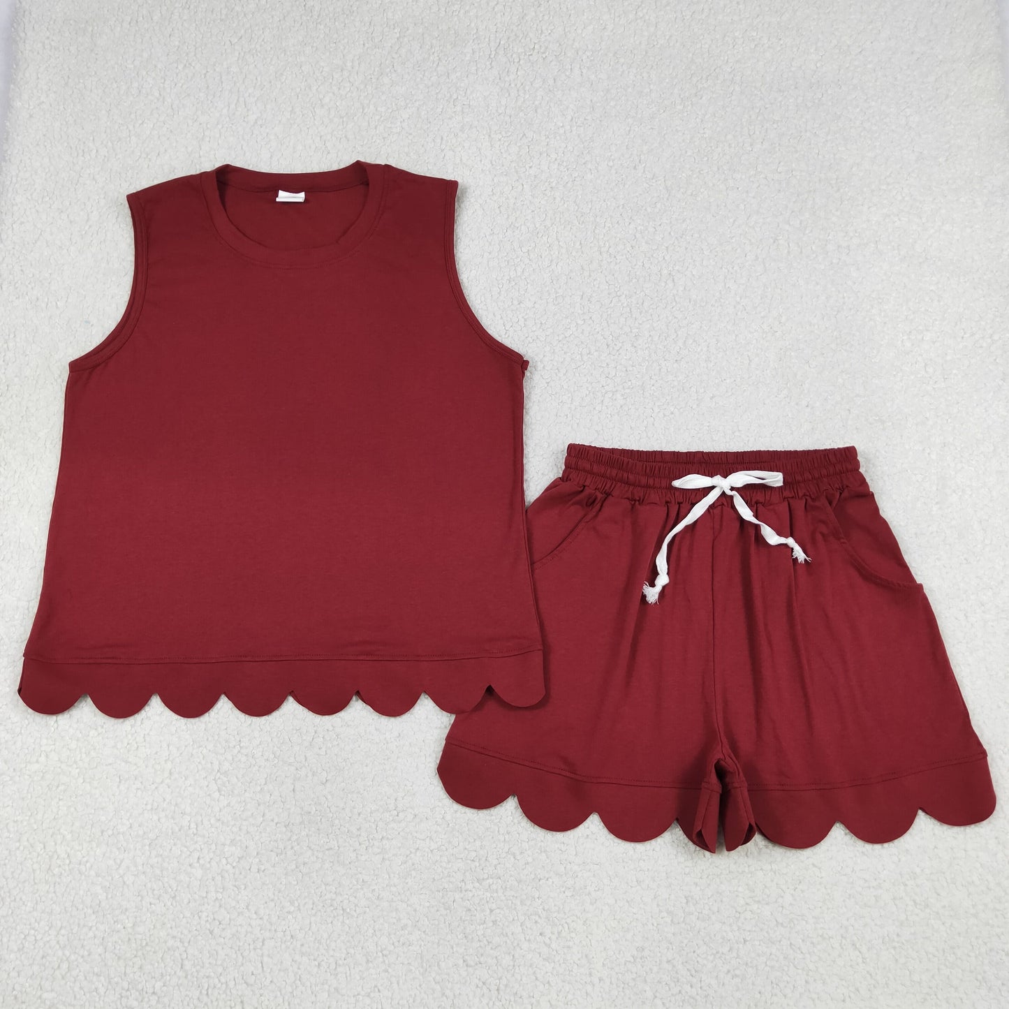 Adult Women Sleeveless Dark Red Scallop Shirt Shorts Clothes Cotton Set