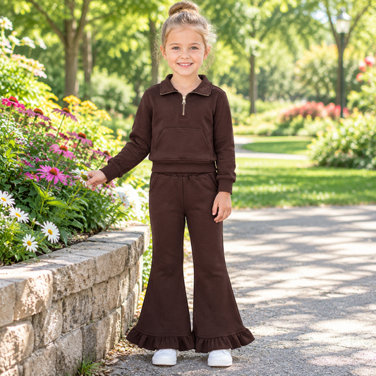 Baby Girls Kids Long Sleeves Dark Brown Zipper Shirt Pockets Pants Set Sweatsuit‌ Cotton Clothes