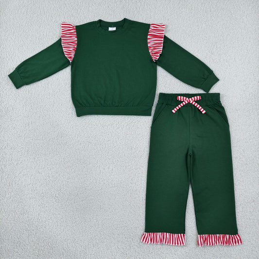Baby Girls Kids Green Long Sleeves Tops Pockets Pants Cotton Set Christmas Clothes