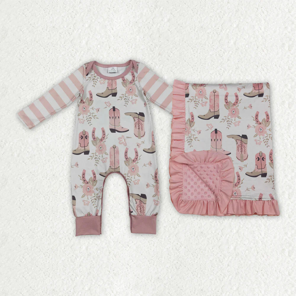RTS Sibling Baby Girls Stripes Long Sleeves Boots Flower Western Romper Blanket Clothes