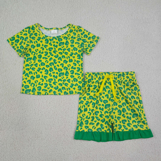 Baby Girls Kids Short Sleeves Leopard Shirt Pockets Shorts Summer Set Yellow Clothes