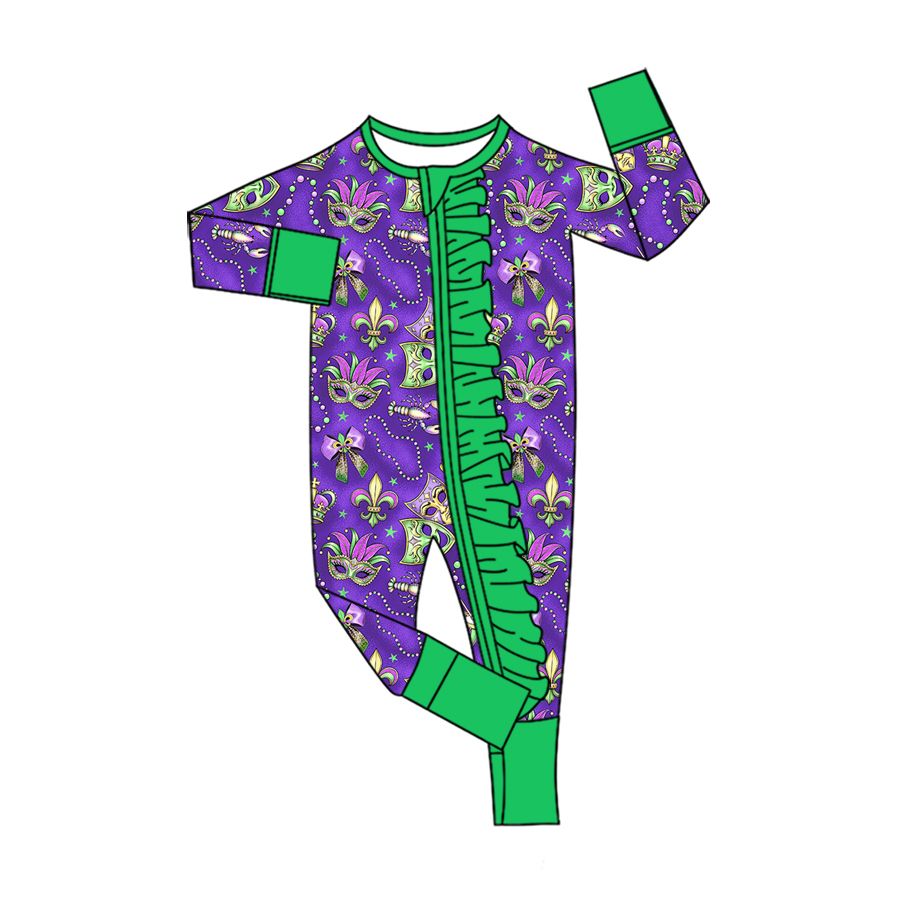 Moq 5 Preorder Baby Girls Kids Masks Bows Mardi Gras Zipper Footie Sleeper Romper Clothes