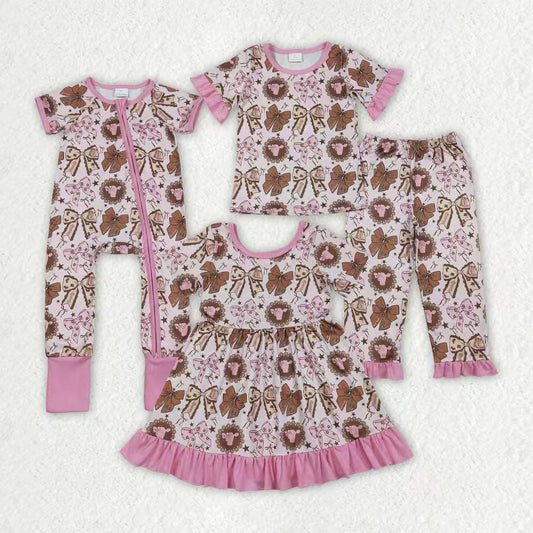 RTS Sibling Baby Girls Bows Highland Cows Ruffle Pants Western Pajamas Set Ruffle Dress Zipper Romper