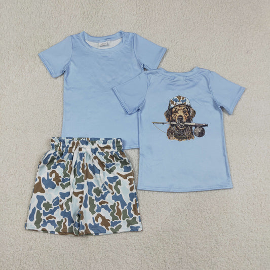 BSSO1999 Baby Boys Kids Blue Short Sleeves Dog Fishing Shirt Camo Pockets Shorts Set