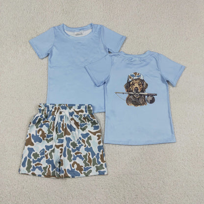 Sibling Baby Boys Kids Blue Short Sleeves Dog Fishing Shirts Camo Pockets Shorts Sets