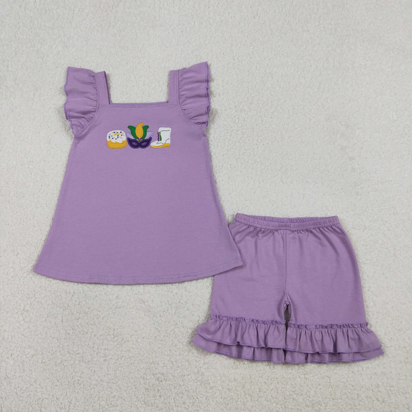 RTS Baby Girls Embroidery Masks Donuts Boots Tops Purple Ruffle Shorts Mardi Gras Set