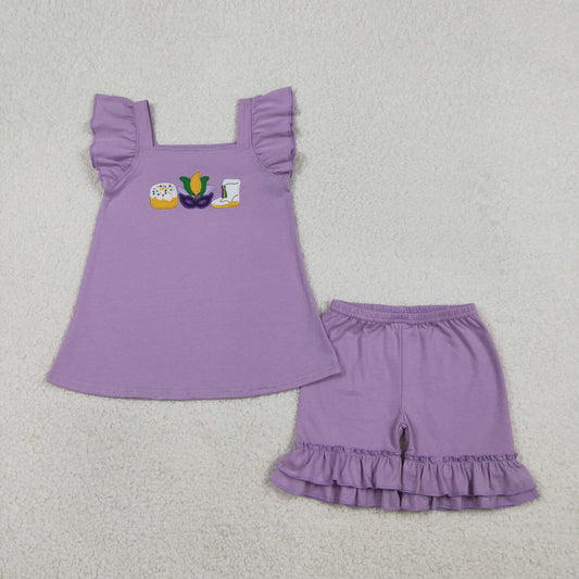RTS Baby Girls Embroidery Masks Donuts Boots Tops Purple Ruffle Shorts Mardi Gras Set