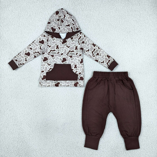 Baby Boys Kids Long Sleeves Camo Hoodie Pullover Pockets Brown Pants Set Clothes