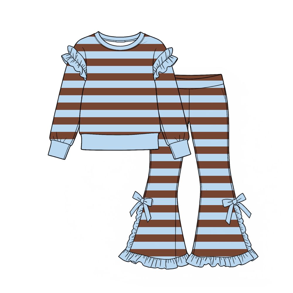 Moq 5 Preorder Baby Girls Kids Long Sleeves Stripes Shirt Bows Ruffle Pants Set Clothes