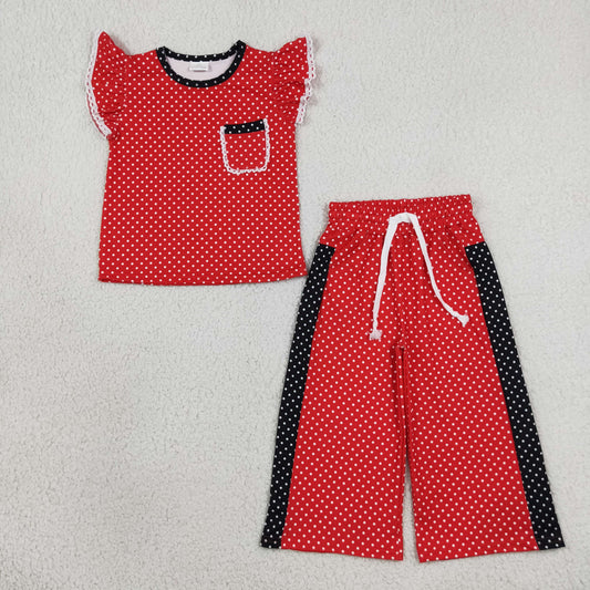 Baby Girls Kids Short Sleeves Dot‌s Pocket Tops Pants Red Set Team Clothes