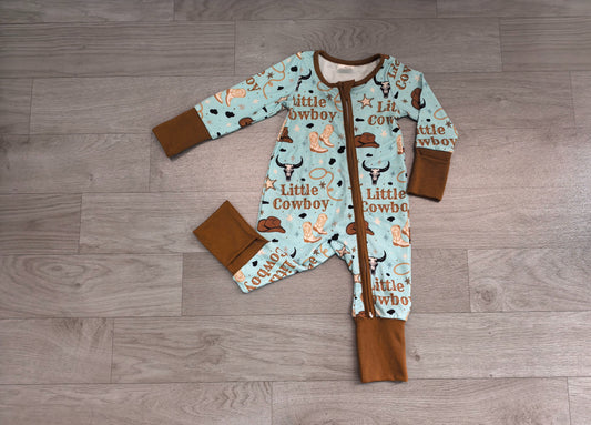 No moq Preorder Baby Boys Kids Long Sleeves Western Little Cowboy Zipper Footie Sleeper Romper