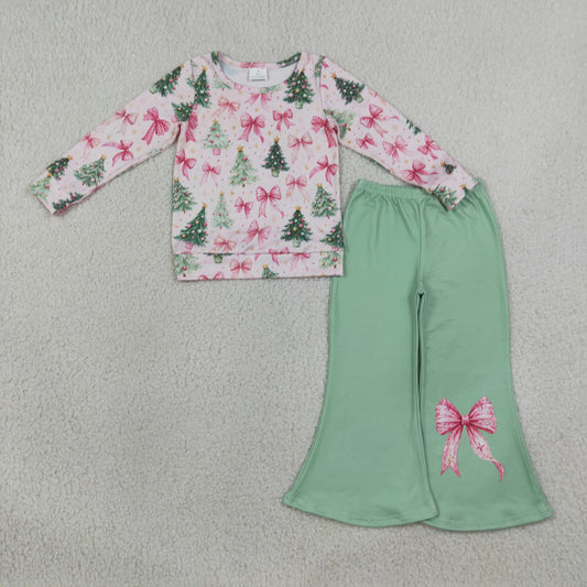 Baby Girls Kids Long Sleeves Christmas Bows Tree Shirt Green Pants Set Clothes