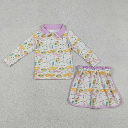 Sibling Baby Girls Kids Bows Donuts Masks Zipper Tops Shorts Skirt Skort Mardi Gras Set