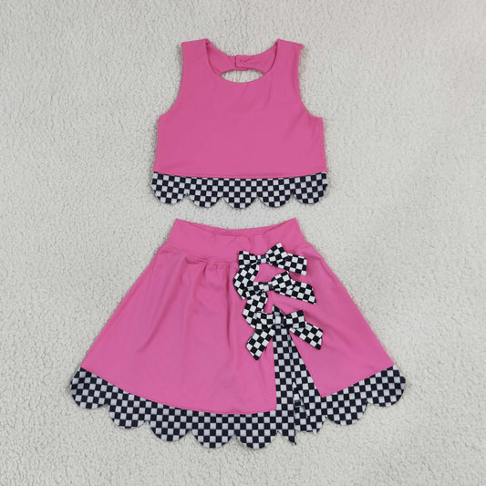 Baby Girls Kids Sleeveless Pink Tops Plaid Bows Skirt Shorts Yoga Set Clothes