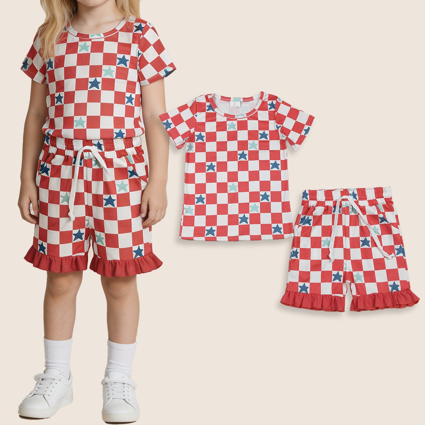 Baby Girls Kids Short Sleeves Checked Stars Shirt Pockets Shorts 4th of July Set