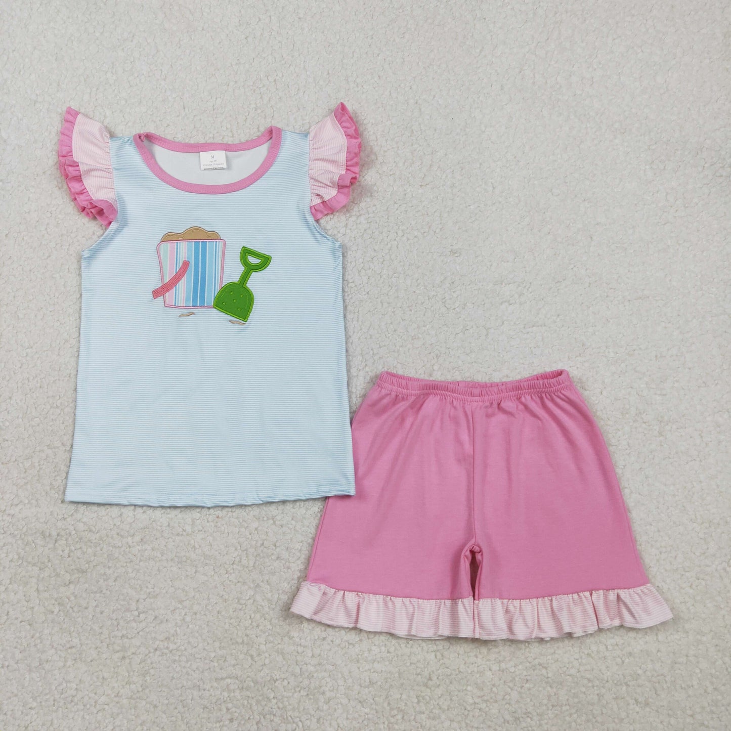 RTS Sibling Baby Girls Kids Short Sleeves Embroidery Beach Shirts Ruffle Shorts Summer Sets