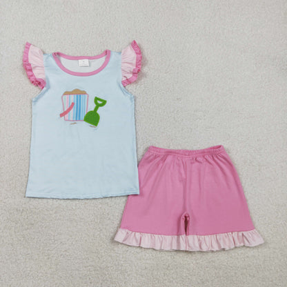 RTS Sibling Baby Girls Kids Short Sleeves Embroidery Beach Shirts Ruffle Shorts Summer Sets