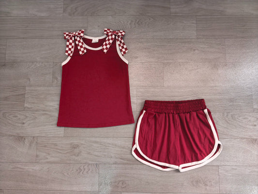 No moq Preorder Baby Girls Kids Sleeveless Checked Bows Shirt Shorts Dark Red Set Summer Clothes