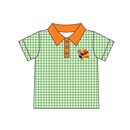 Moq 5 Preorder Baby Boys Short Sleeves turkey Green Plaid Buttons Shirt Kids Thanksgiving Clothes