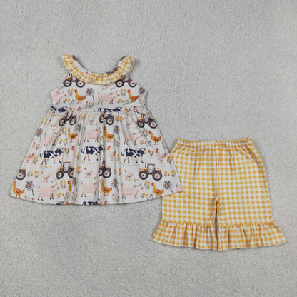 Sibling Baby Girls Kids Farm Animals Flower Tunic Ruffle Shorts Sets Rompers