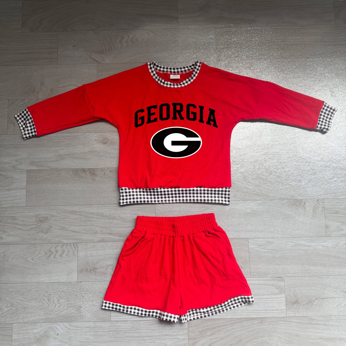 No moq Preorder Baby Girls Kids Long Sleeves G Shirt Shorts Red Cotton Set Team Clothes