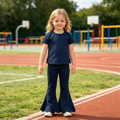 Baby Girls Kids Short Sleeves Navy Shirt Pants Scallop Set Clothes