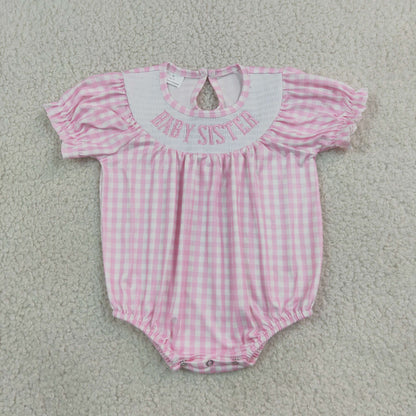 Baby Girls Infant Embroidery Baby Sister Pink Plaid Smocked Bubble Romper