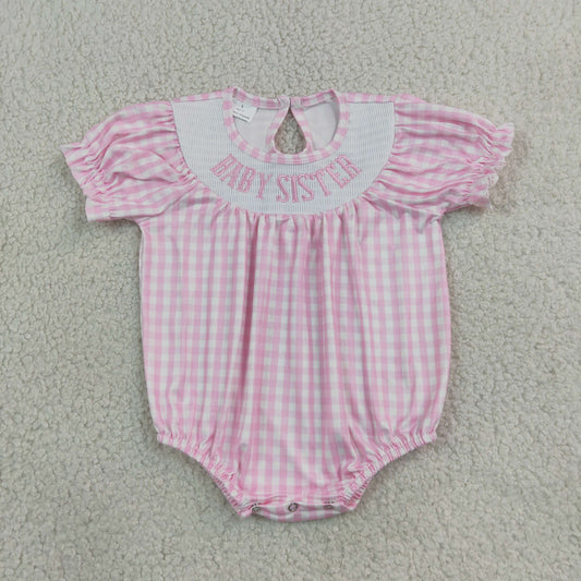 Baby Girls Infant Embroidery Baby Sister Pink Plaid Smocked Bubble Romper