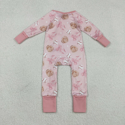 Baby Girls Long Sleeves Baseballs Bows Zipper Sleeper Pink Romper