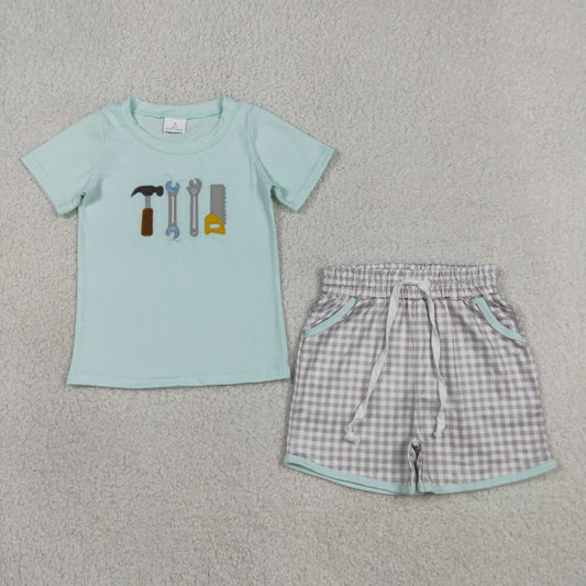 Baby Boys Kids Short Sleeves Embroidery Tools Shirt Plaid Pockets Shorts Clothes Set