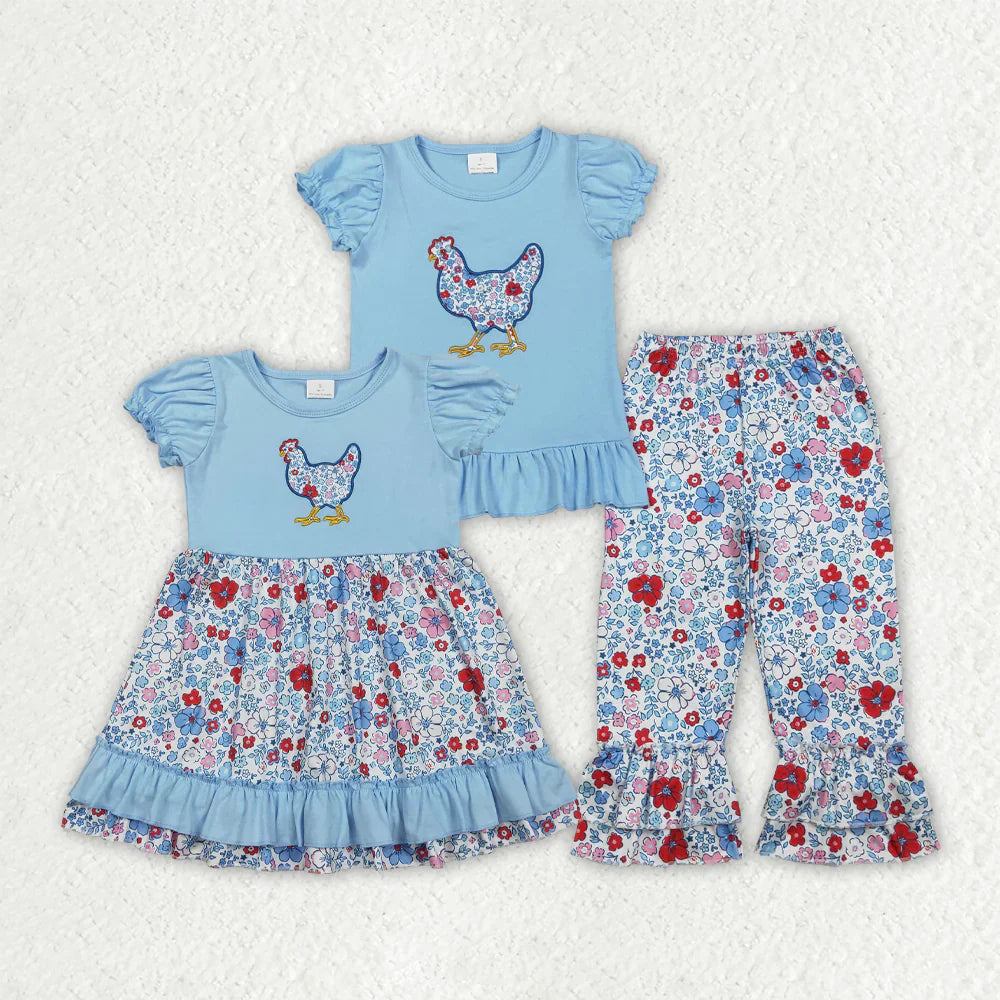 RTS Sibling Baby Girls Blue Short Sleeves Embroidery Chicken Floral Knee Length Dress Set