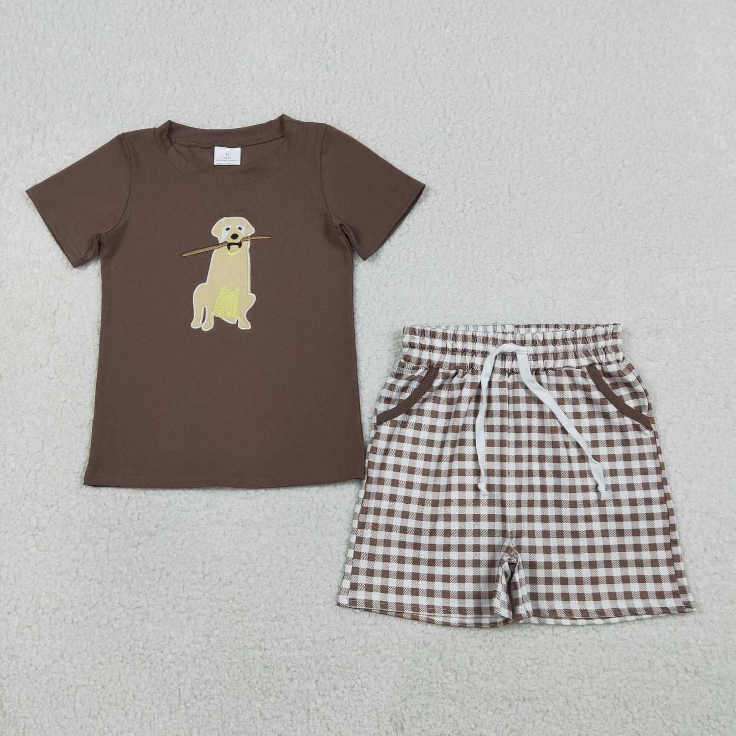 RTS Baby Boys Short Sleeves Embroidery Dog Brown Shirt Plaid Pockets Shorts Clothes Set