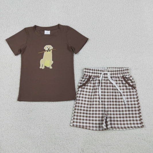 RTS Baby Boys Short Sleeves Embroidery Dog Brown Shirt Plaid Pockets Shorts Clothes Set