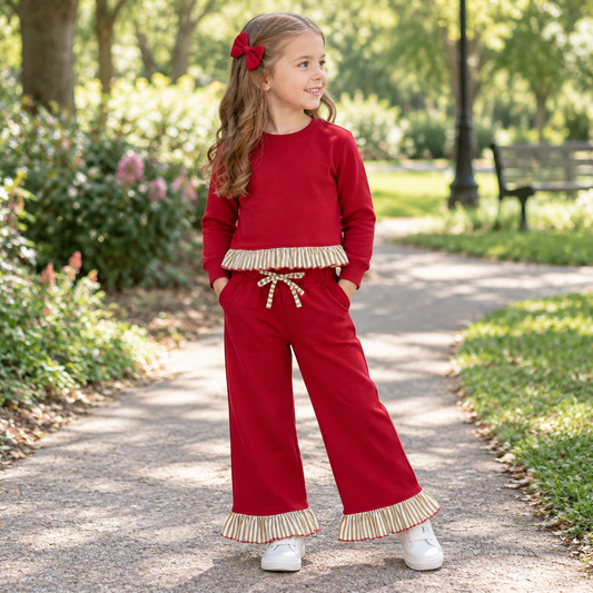 Baby Girls Kids Long Sleeves Red Shirt Pockets Pants Set Sweatsuit‌ Cotton Clothes RTS