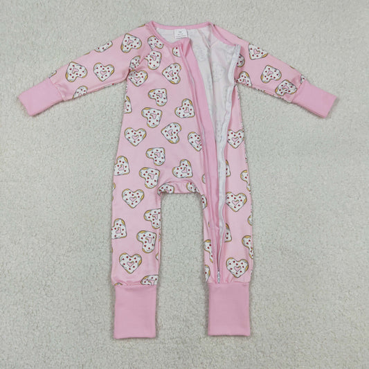 Baby Girls Long Sleeves Donuts Hearts Pink Zipper Valentines Sleeper Romper