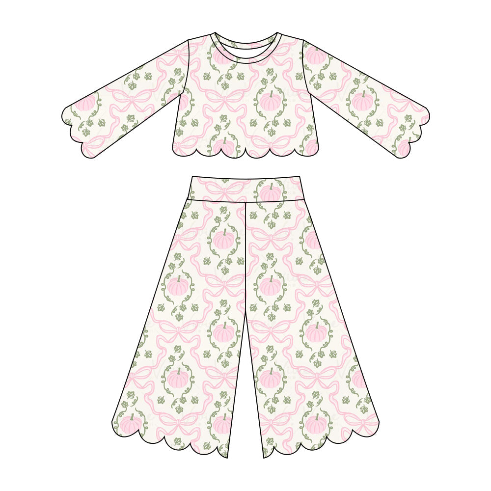 Preorder ( Moq 5 ) Baby Girls Kids Pink Pumpkins Bows Shirt Scallop Pants Set Fall Clothes