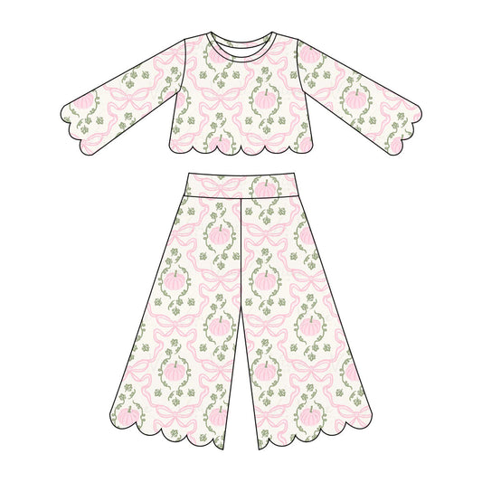 Preorder ( Moq 5 ) Baby Girls Kids Pink Pumpkins Bows Shirt Scallop Pants Set Fall Clothes