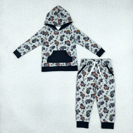 Baby Boys Kids Long Sleeves Trucks Hoodie Shirt Pockets Pants Set Clothes