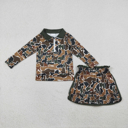 RTS Baby Girls Kids Long Sleeves Brown Green Camo Zipper Pullover Skirt Shorts Set